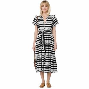 Hunter Bell Matthews Striped Ruffle Midi Dress Black White Button Front Size M